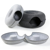 Donut cat tunnel bed shown in light grey and dark grey