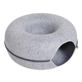 ChillPaw donut cat tunnel bed in light grey felt with a cat inside