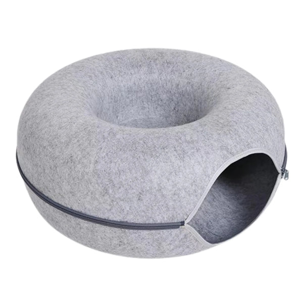 ChillPaw donut cat tunnel bed in light grey felt with a cat inside