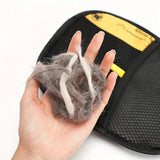 Double-sided pet hair remover glove showing mesh side and smooth finishing side